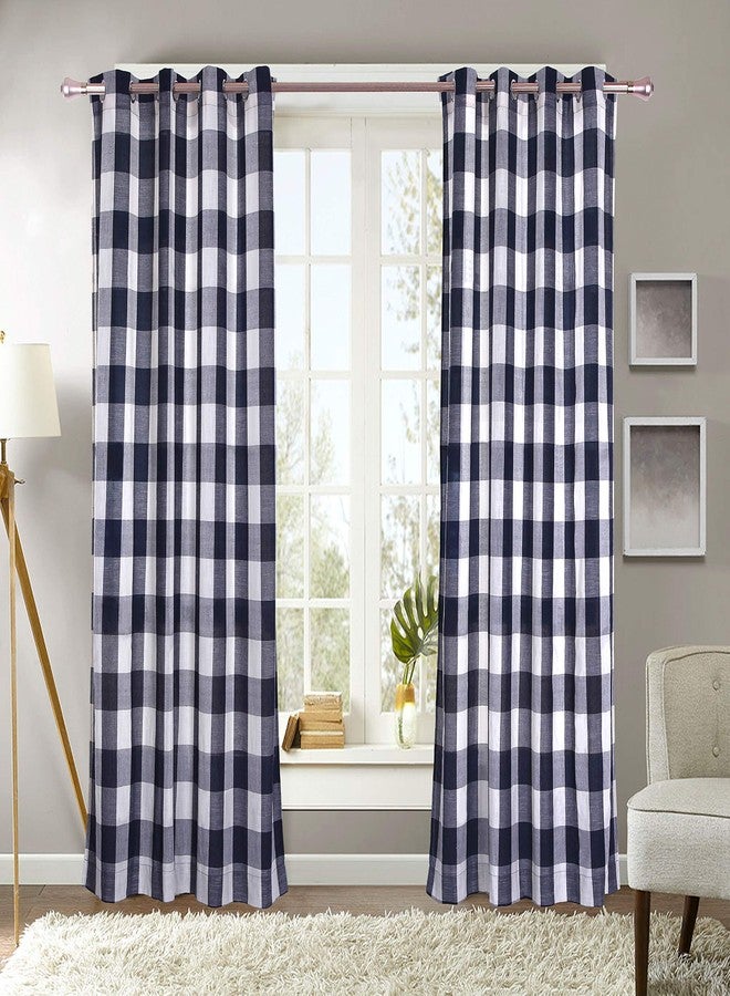 Decotex 2 Piece Courtyard Plaid Buffalo Checkered Grommet Window Curtain Treatment Panel Drapes (2 Panels 53" X 84", Navy Blue/Beige) - Image 1